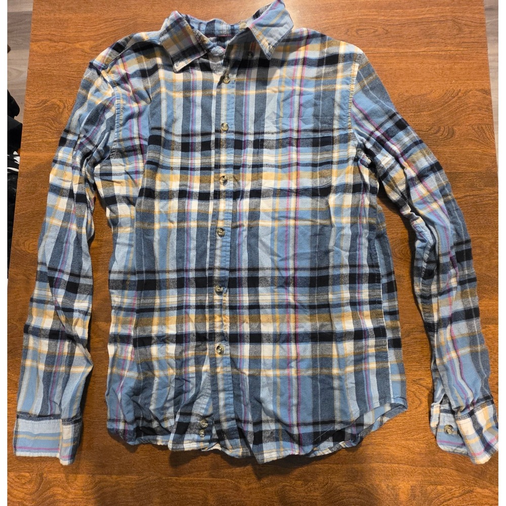 Goodfellow & Co Mens Blue Yellow Plaid Flannel Button Down Shirt Standard Fit M